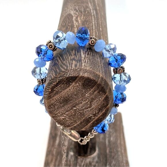 Shades of Blue Faceted Crystal Silver Tone Floral Beaded Bracelet - Picture 2 of 5